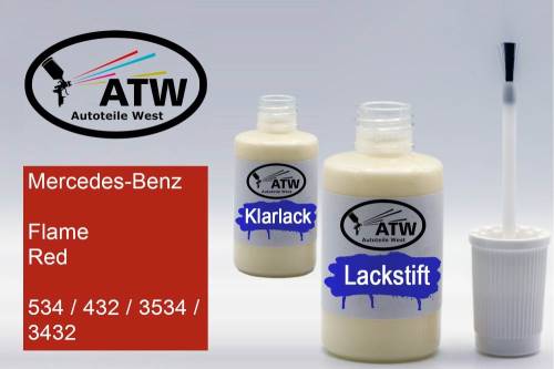 Mercedes-Benz, Flame Red, 534 / 432 / 3534 / 3432: 20ml Lackstift + 20ml Klarlack - Set, von ATW Autoteile West.